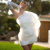 Summer White Oblique Shoulder Decorative Flower Dress Dress, Women's Wedding Party Dress One Step dress